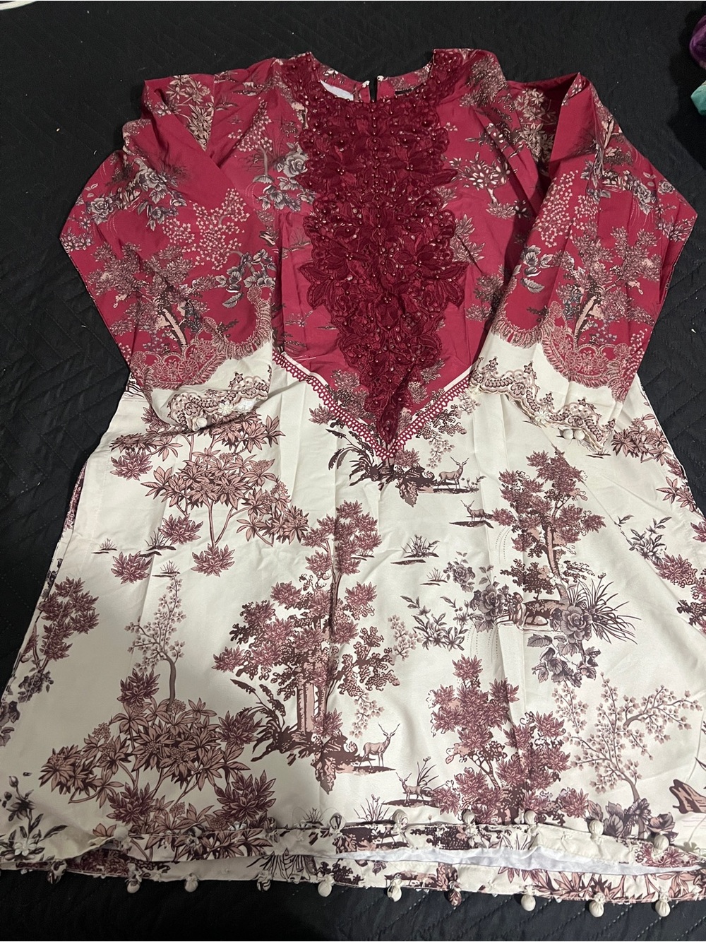 Long Sleeve Floral Two-Tone Maroon and Cream Dress